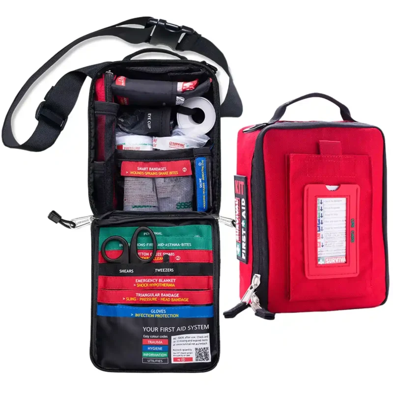 SURVIVAL Grab & Go Kit, open displaying contents, and closed to show the outside