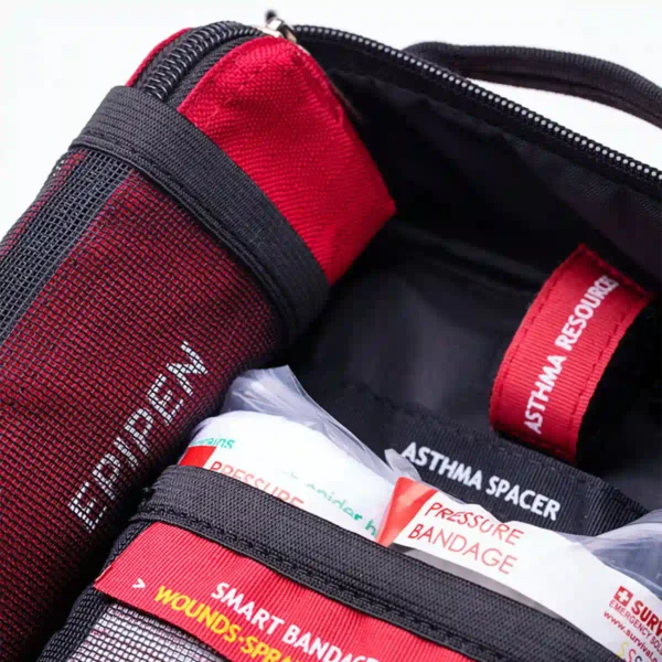 A close up view of the Epipen storage pouch, and the Asthma Spacer holder
