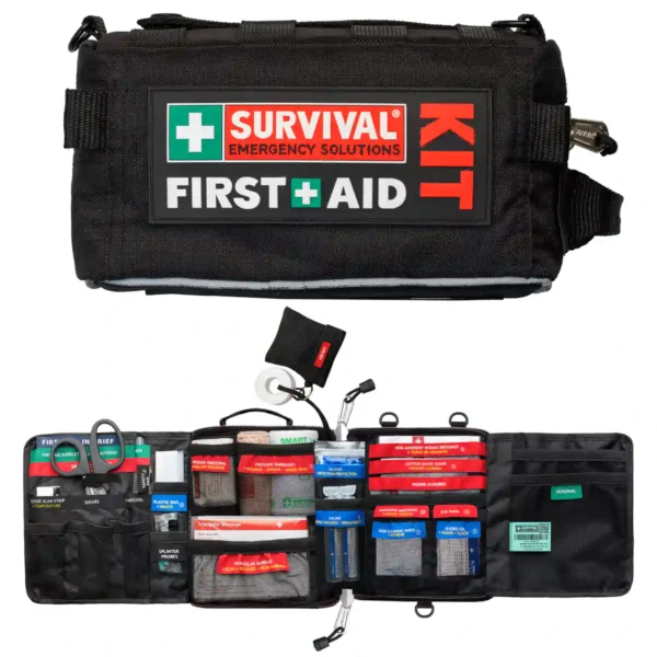 SURVIVAL Vehicle First Aid KIT, open displaying contents, and closed to show the outside