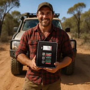 A person holding their Vehicle First Aid Kit while out in the bush, standing in front of their 4wd car