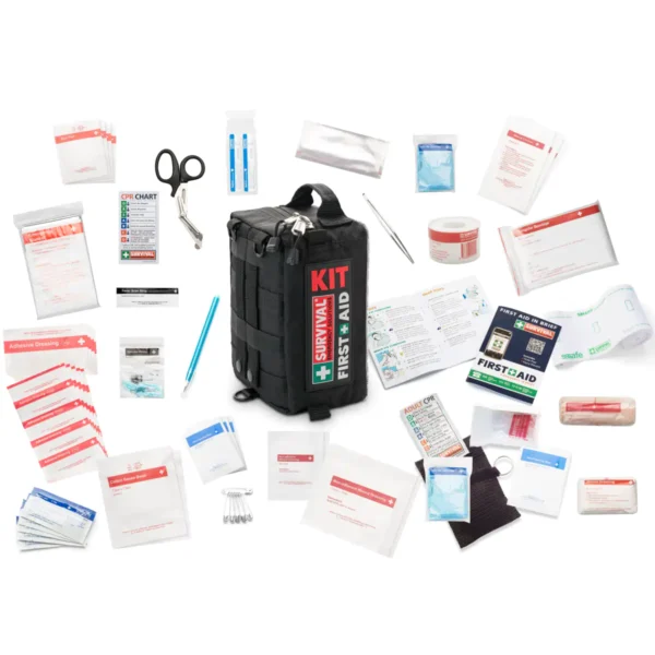 All the contents of the Vehicle First Aid Kit displayed around it