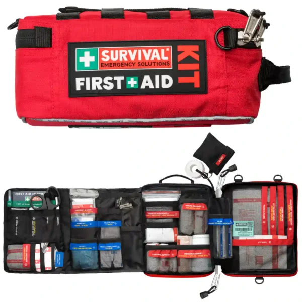 SURVIVAL Workplace First Aid KIT, open displaying contents, and closed to show the outside