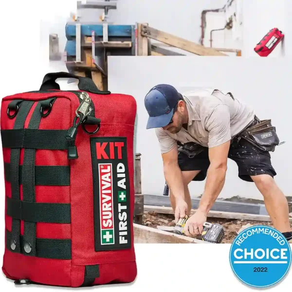 Recommended by Choice in 2022, the Workplace First Aid Kit being used on a jobsite in the background