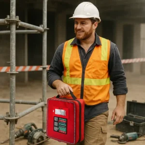 A tradesperson on the job, carrying a Workplace First Aid Kit